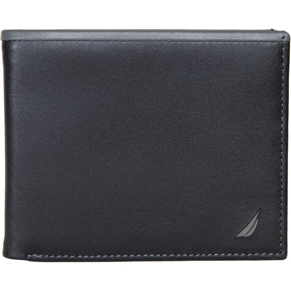 Nautica Men's Black Grey Leather Wallet RFID Blocking ID Window Card Slots - Picture 1 of 5